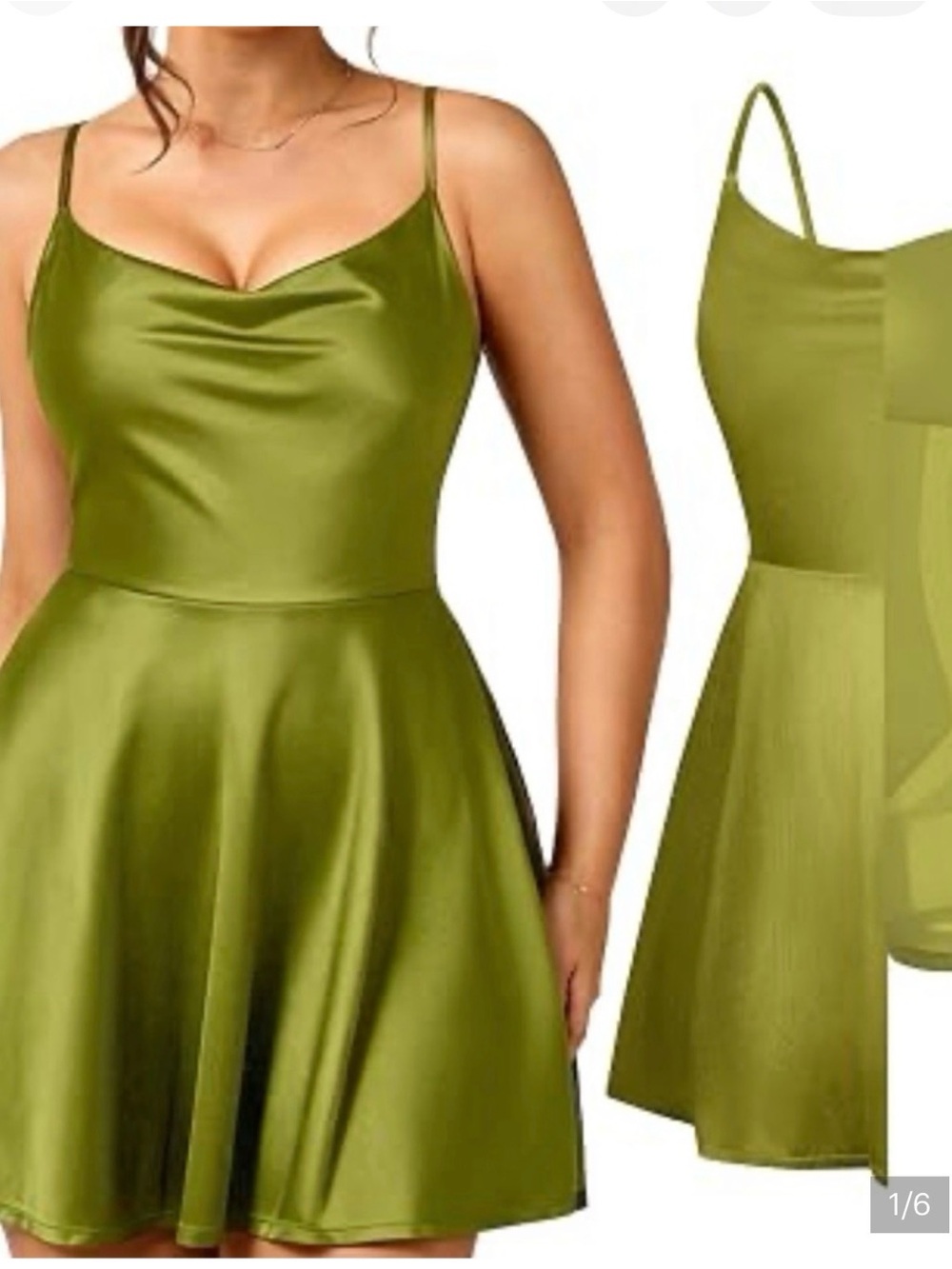 Olive Green Satin Cowl-Neck Slip Dress with Spaghetti Straps
